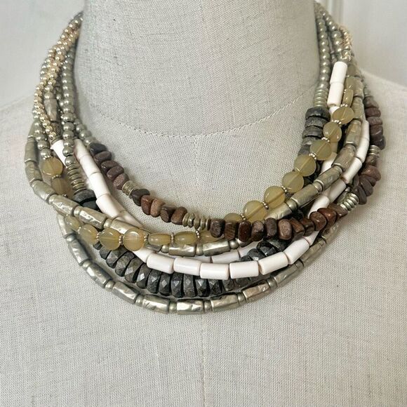 Chico’s Brown Grey cream Multi strand Statement necklace - Picture 1 of 9